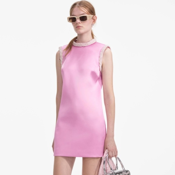 self-portrait Pink Pearl Trim Satin Mini Dress Size: US0 - MSRP $255 - NWT - Picture 2 of 9